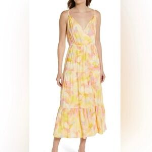Adelyn Rae Connie Midi Dress Yellow Pink Watercolor Floral Tiered Size L